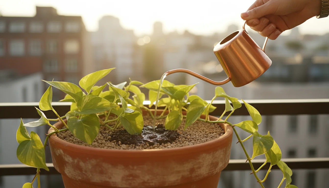 Water from a copper watering can hitting dry top dressing in a terracotta houseplant pot on a balcony.