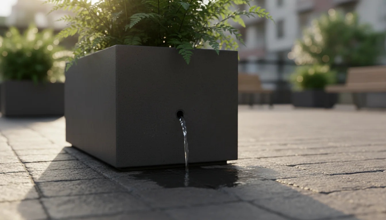 Water draining from the bottom of a concrete planter onto a patio, showing thorough watering for a native plant.