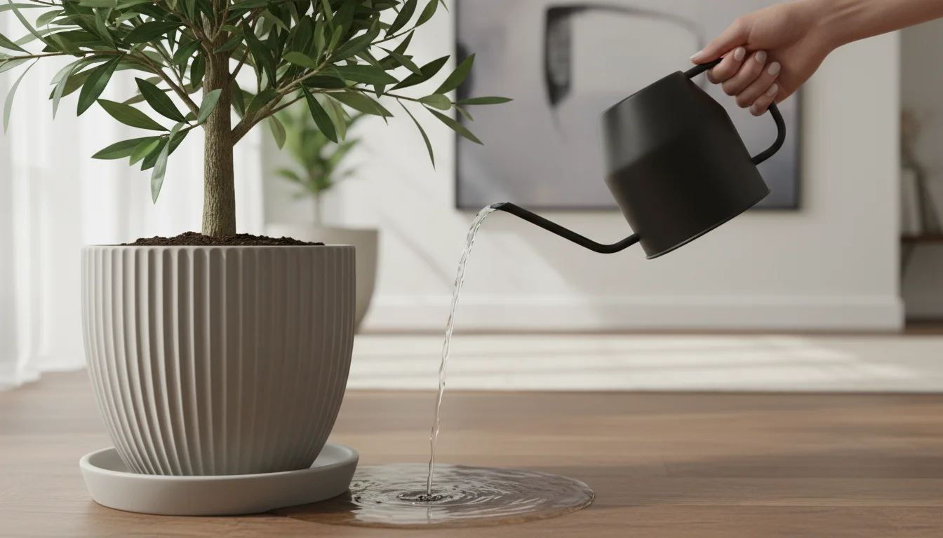 Clear water drains from a healthy indoor tree's ceramic pot into its matching saucer, a hand with a watering can visible.