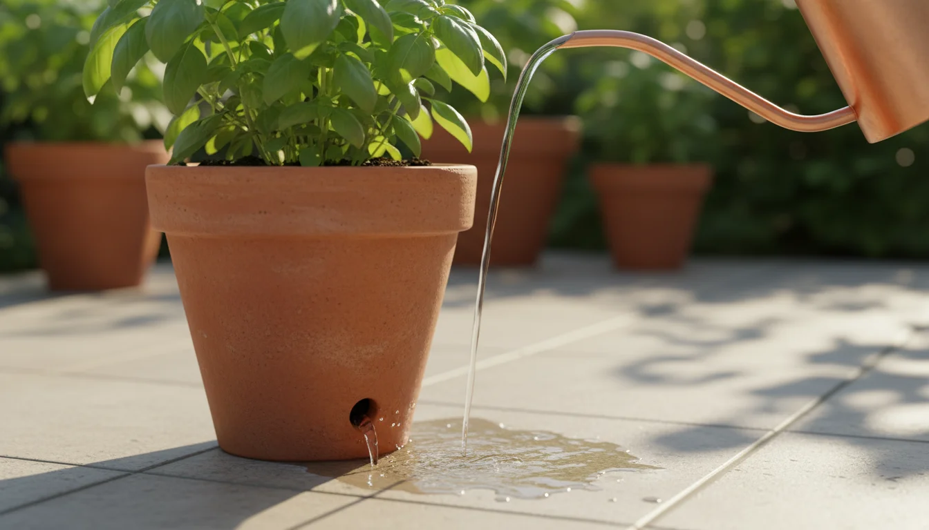 Water drains from a terracotta pot containing a basil plant onto patio tile, as a slender copper watering can waters it.