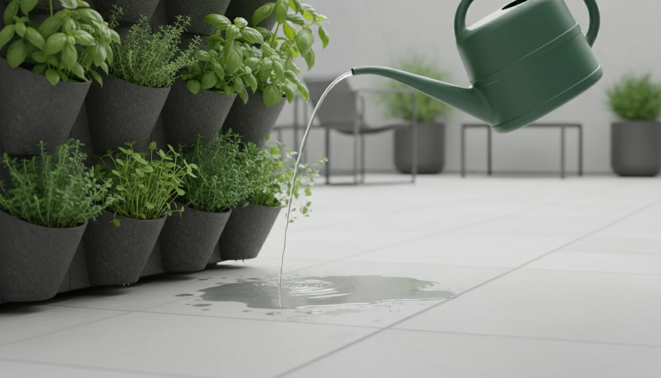 Close-up of water dripping from the bottom pocket of a vertical garden onto a patio, signifying thorough initial watering.