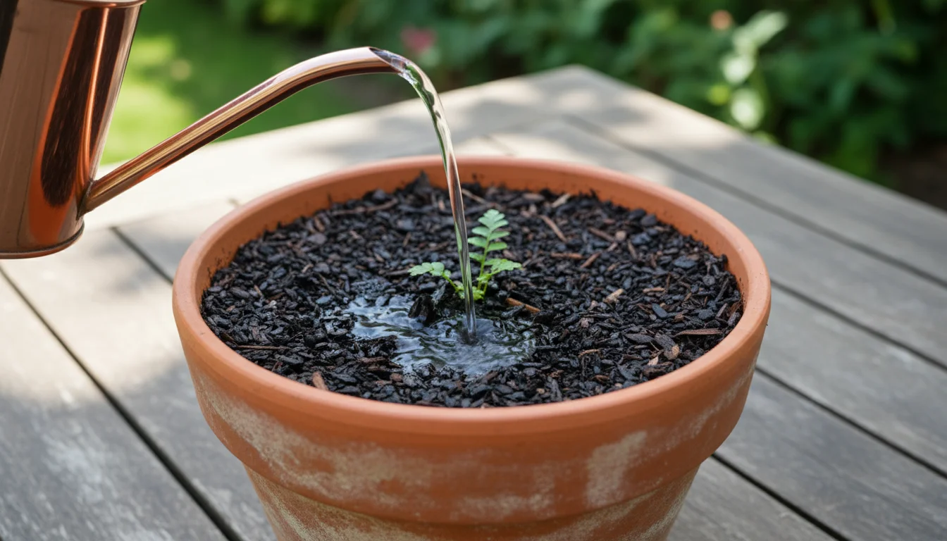 Water gently lands on a layer of dark wood chip mulch in a terracotta pot, protecting the soil around a green herb.