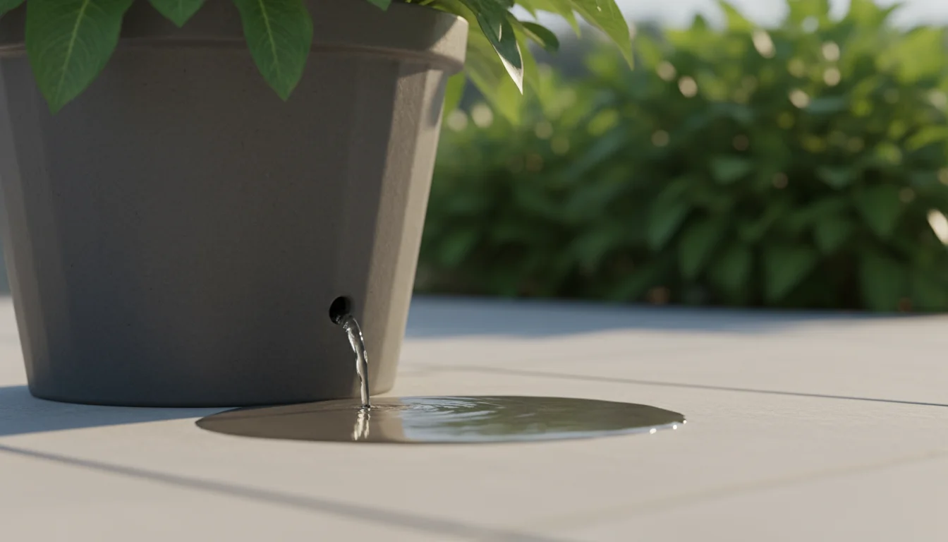 Water steadily drains from a charcoal ceramic pot onto a light concrete patio paver, illustrating deep watering for healthy container plants.