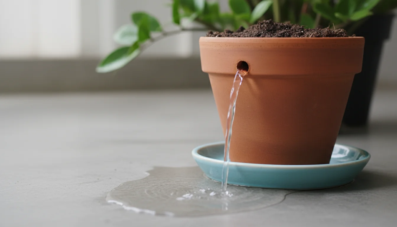 Clear water streams from the bottom drainage hole of a terracotta plant pot into a ceramic saucer.