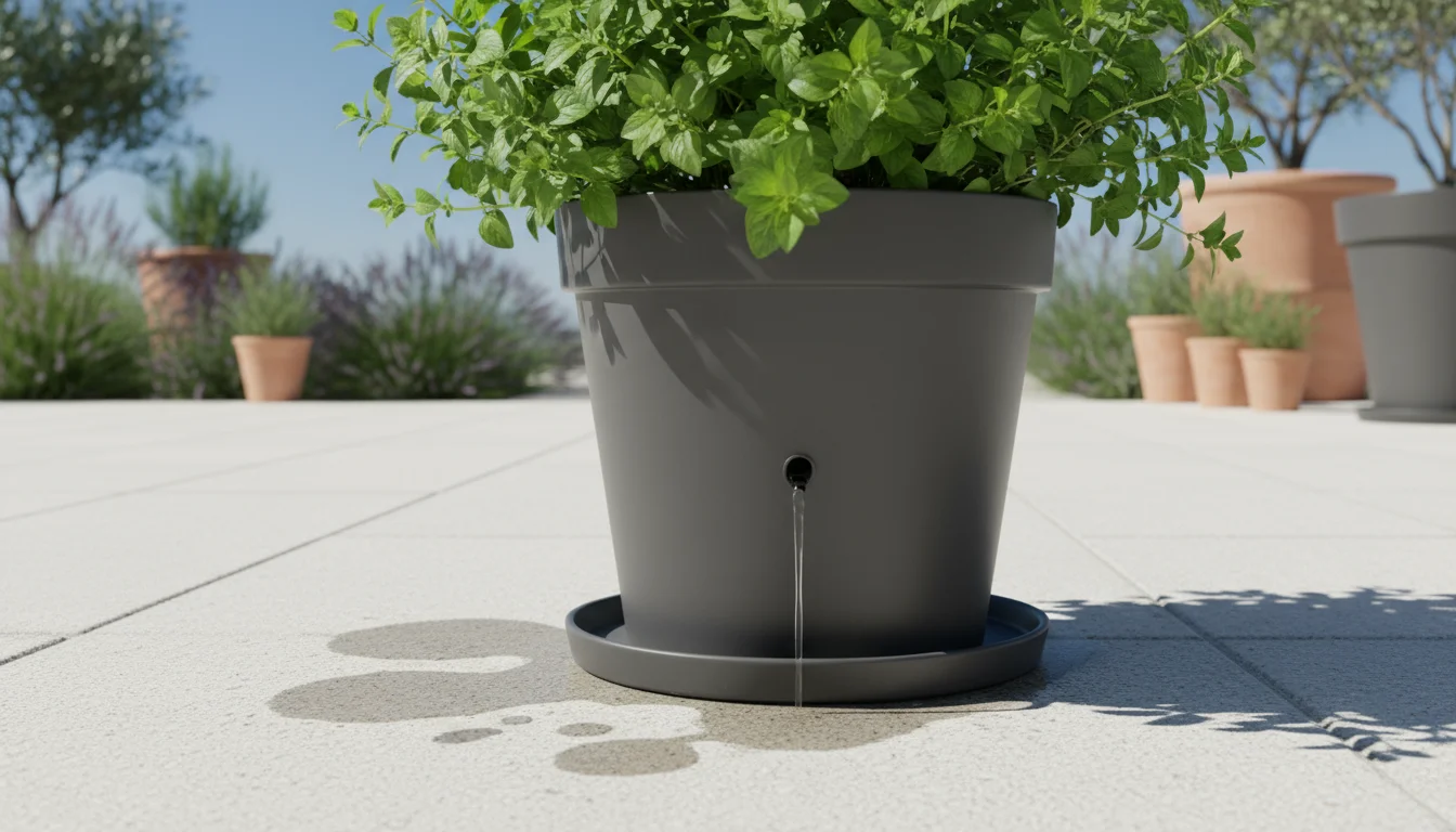 Water visibly dripping from the drainage hole of a dark grey ceramic pot containing oregano on a light patio, illustrating deep watering.
