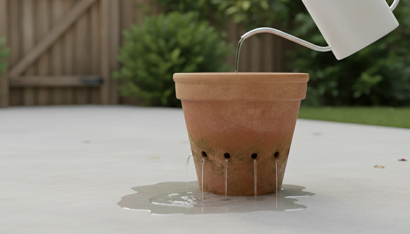Water visibly streaming from the drainage holes of a terracotta pot on a clean patio, demonstrating thorough watering for a lush herb plant in an urba