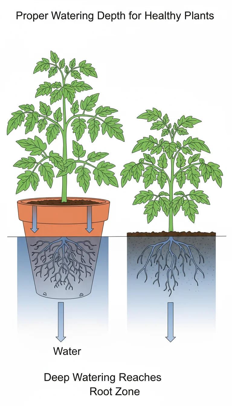 Watering depth diagram: water penetrates soil, reaching deep roots in both container and garden bed.