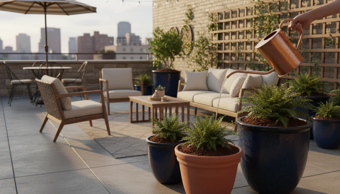 Watering a mulched container plant on an urban patio. A copper watering can delivers water slowly onto the mulch, preventing evaporation.
