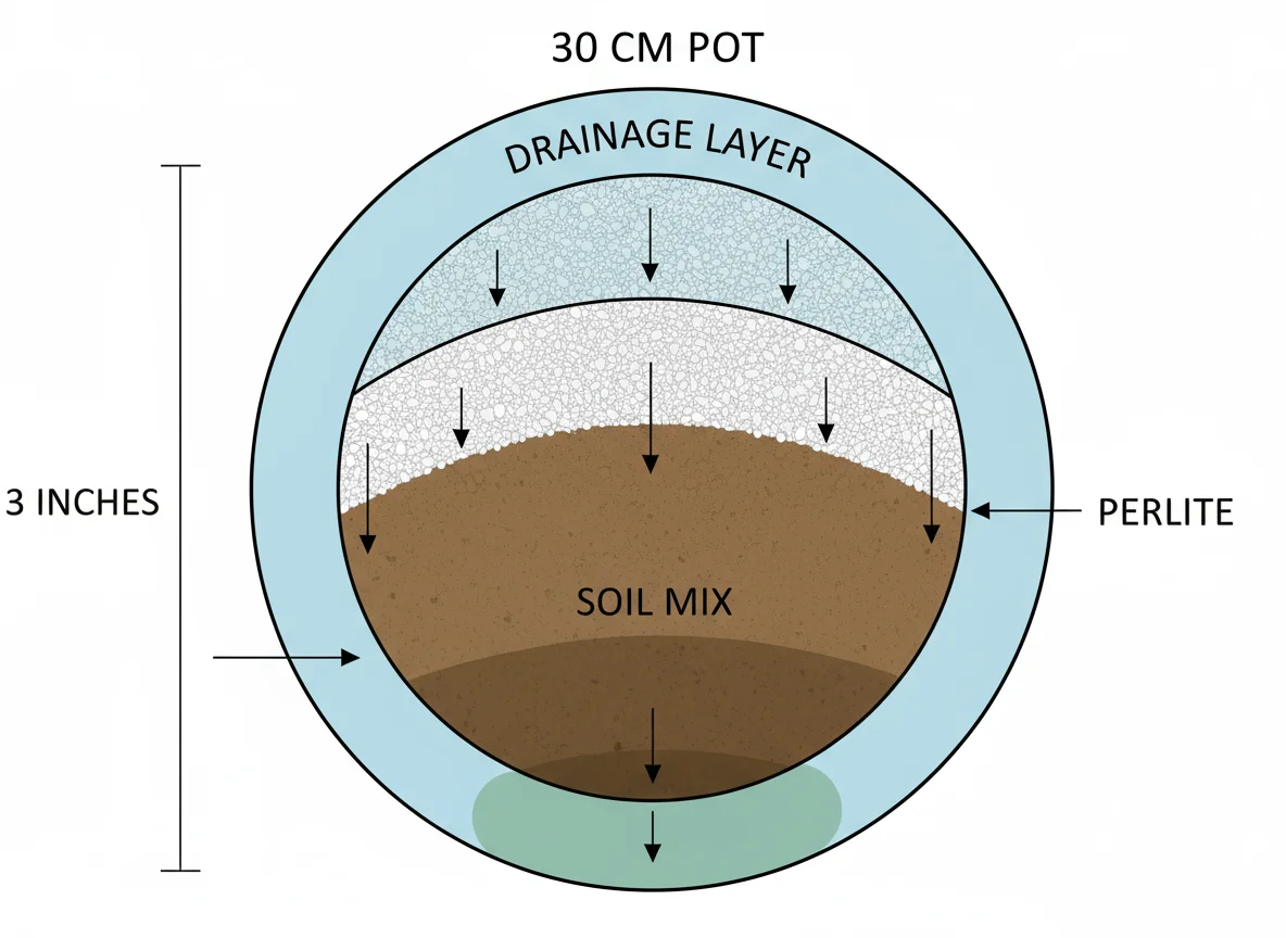 Waterlogging diagram: 30cm pot, drainage layer, perlite layer. Arrows show water flow hindered by poor drainage.