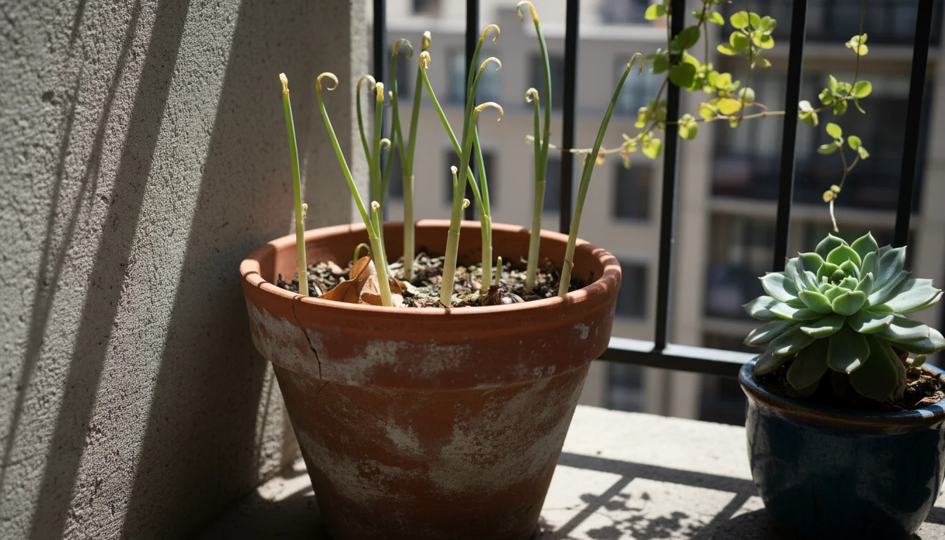 Weak, pale green, leggy bulb shoots with no flowers in a terracotta pot on a balcony, with a healthy succulent blurred in background.