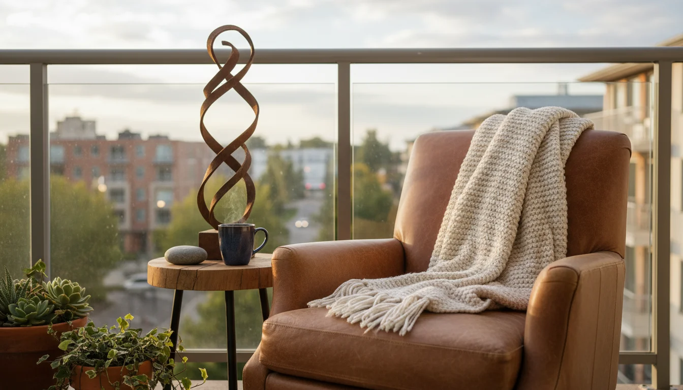 Weathered armchair with a wool blanket on a small balcony. A steaming mug, smooth river stone, and metal sculpture are on a side table. A robin perche
