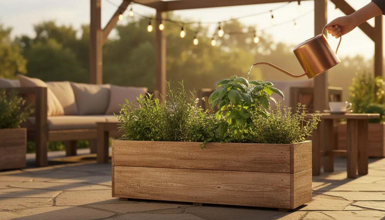 A weathered cedar planter box, filled with lush herbs like basil and rosemary, sits on a patio in golden hour light. A gardener gently waters the plan