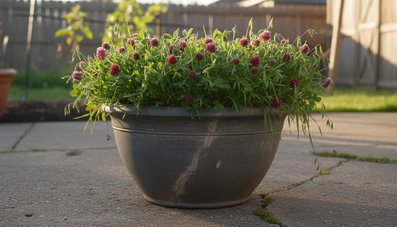 A weathered dark grey pot on a concrete patio filled with dense, vibrant green cover crops. A dried tomato plant is visible in a background pot.
