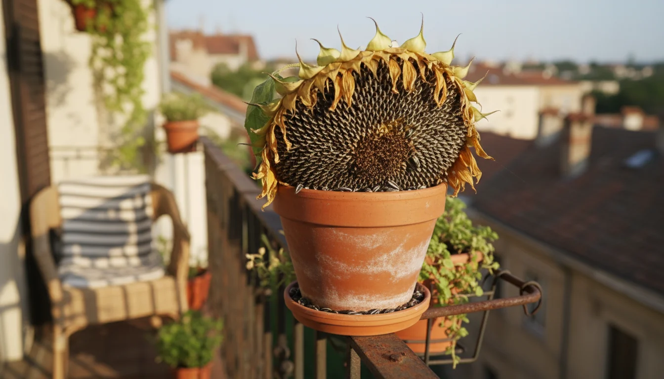 Weathered dwarf sunflower in a terracotta pot on a balcony railing, its seed head full of mature seeds.