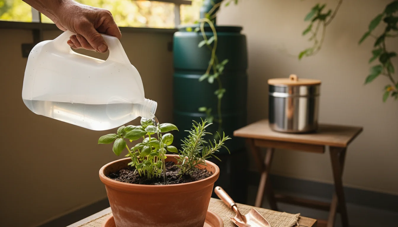 A weathered hand waters a potted herb on a sun-dappled balcony using a repurposed jug, with a rain barrel and compost caddy in the background.