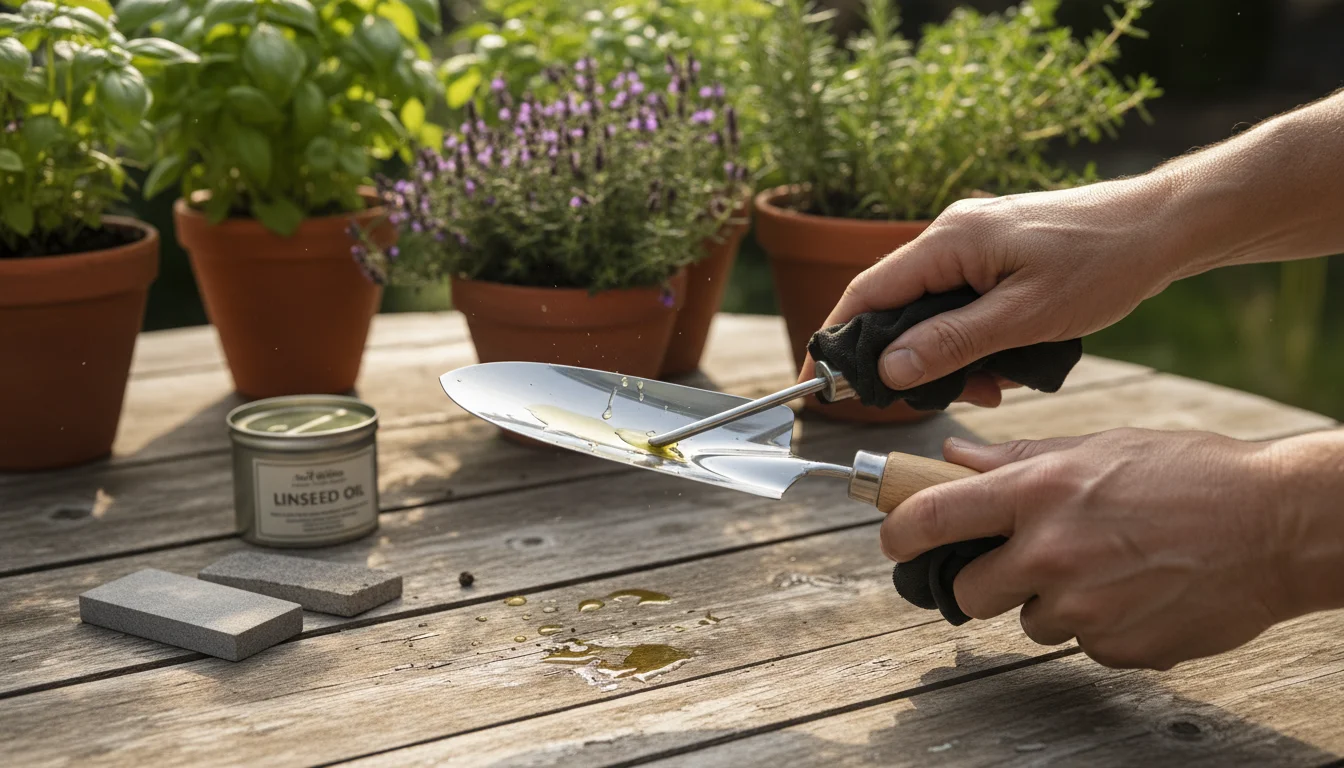 Weathered hands cleaning a small hand trowel with oil on a rustic wooden patio table, with container herbs in the soft background.