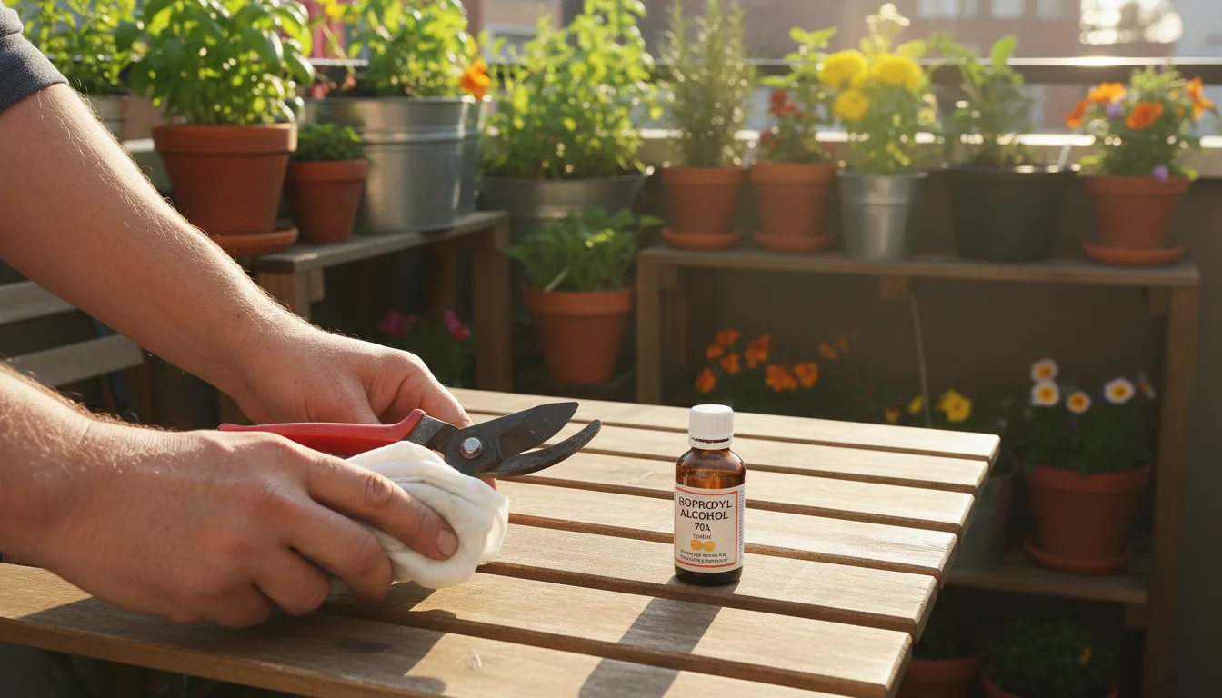 Weathered hands meticulously wipe a pruner blade with a disinfectant-soaked cloth on a patio table, container plants softly blurred.