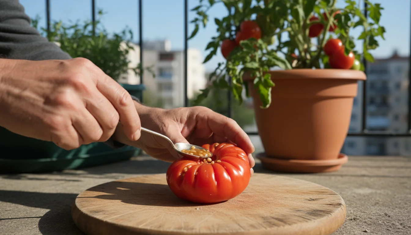 Weathered hands gently scoop seeds from a ripe heirloom tomato half on a rustic cutting board on a balcony.