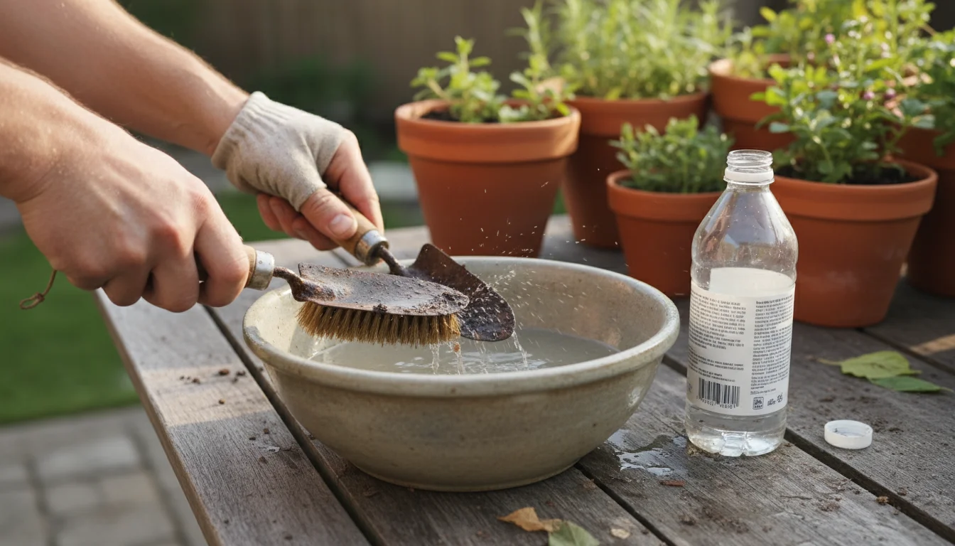 Weathered hands scrubbing a heavily rusted metal hand trowel with a wire brush over a basin, with a bottle of vinegar nearby on a patio table.