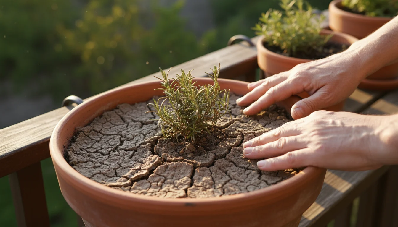 Weathered hands gently touch hard, cracked soil in a terracotta pot with a struggling rosemary plant on a sunny patio.