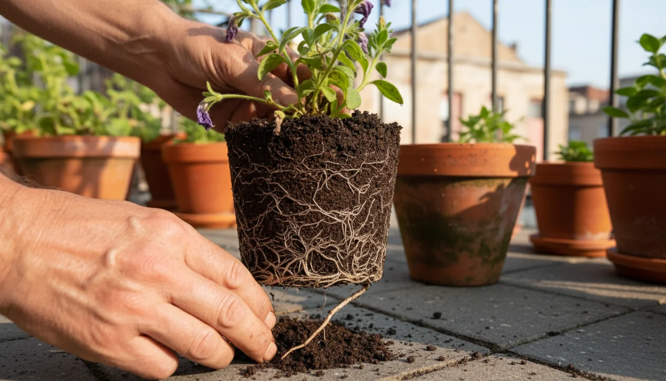Weathered hands unpotting a struggling plant from a terracotta pot, revealing a dense, wet, compacted root ball of garden soil.