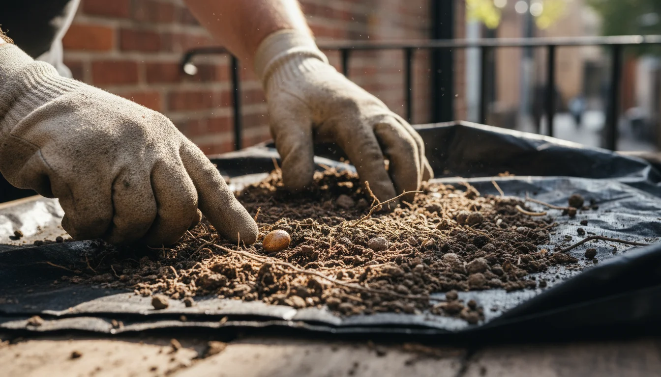 Weathered hands, wearing gardening gloves, meticulously inspect spent potting soil spread on a dark tray on an urban patio.