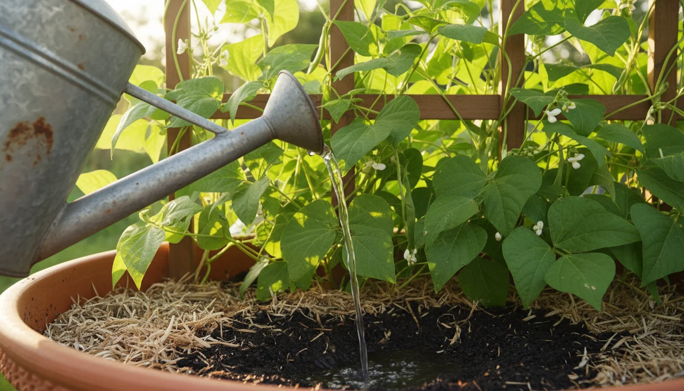 Weathered metal watering can pouring water onto mulched soil in a terracotta pot with lush vining beans and blossoms, under early morning light.