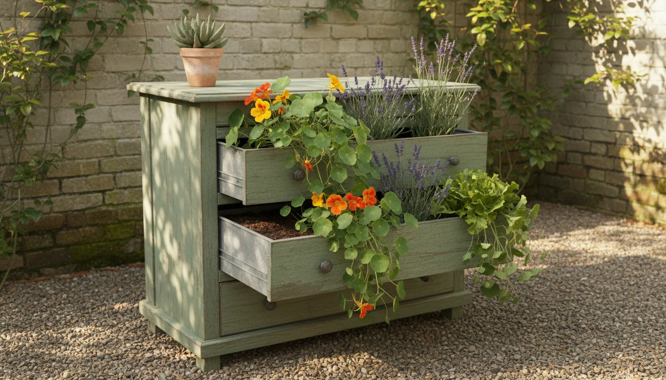 Weathered sage green chest of drawers repurposed as a tiered garden planter on a gravel patio, filled with nasturtiums, lavender, and lettuce.