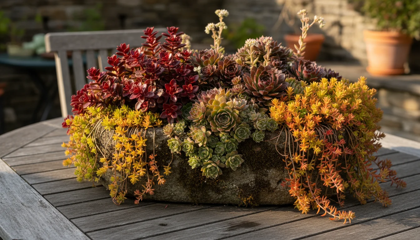 A weathered stone trough overflowing with a dense mix of colorful Sedum and Sempervivum plants, basking in soft sunlight on a wooden table.
