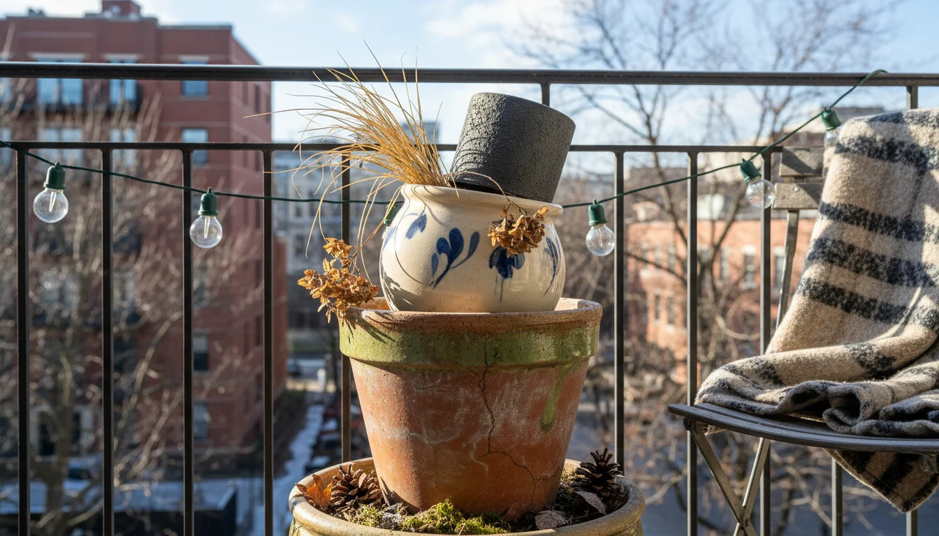 Weathered terracotta and ceramic pots of different sizes stacked creatively, forming a decorative sculpture on a small urban balcony.