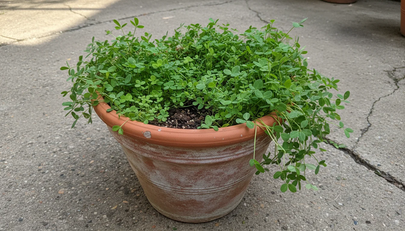 Weathered terracotta pot on concrete patio filled with lush, green cover crops like clover and vetch, with autumn leaves nearby.