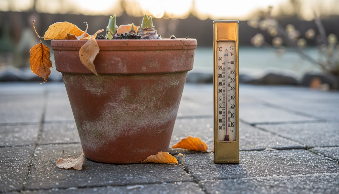Weathered terracotta pot with dormant spring bulbs on a frosty stone patio, next to a thermometer showing 40°F.