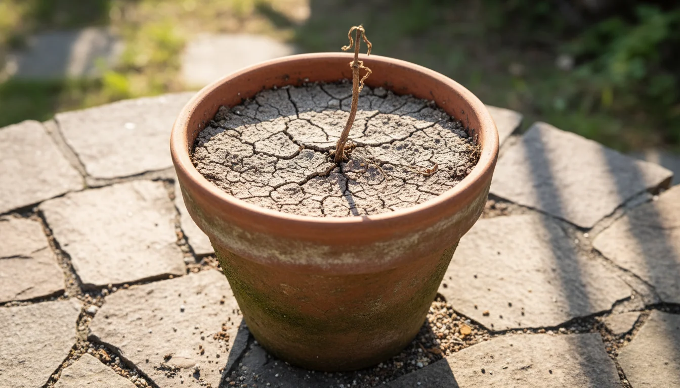 Weathered terracotta pot on a patio with dry, compacted old potting soil and brittle plant remains.
