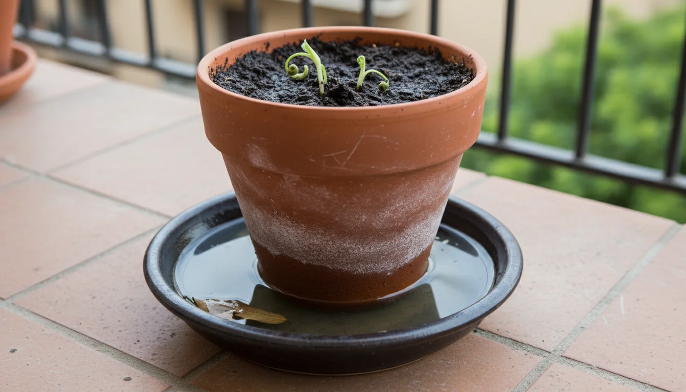 Weathered terracotta pot on a patio, sitting in a saucer visibly full of standing water, with dark, wet soil.
