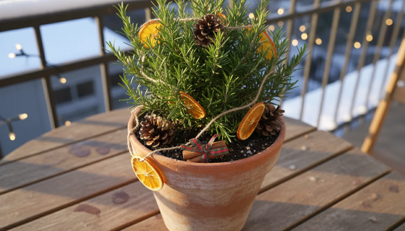 Weathered terracotta pot with rosemary plant decorated with pinecones, dried orange slices, and red berries on a rustic balcony table.