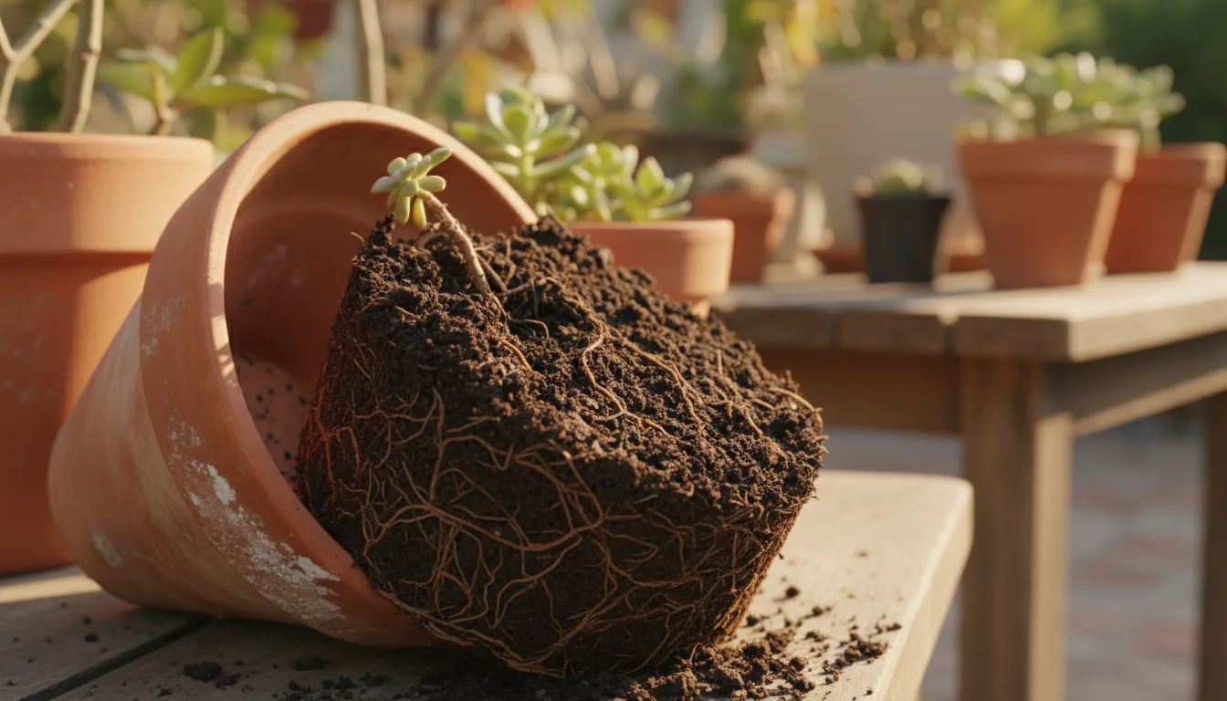 A weathered terracotta pot is tipped on a sunny patio, revealing a dense, root-bound soil ball with a struggling plant and mineral deposits.
