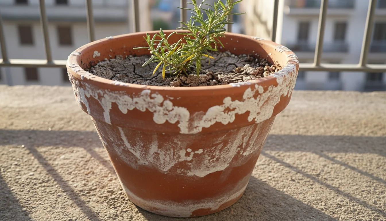 A close-up of a weathered terracotta pot on an urban balcony, showing a white salt crust on the rim and soil surface around a struggling rosemary plan