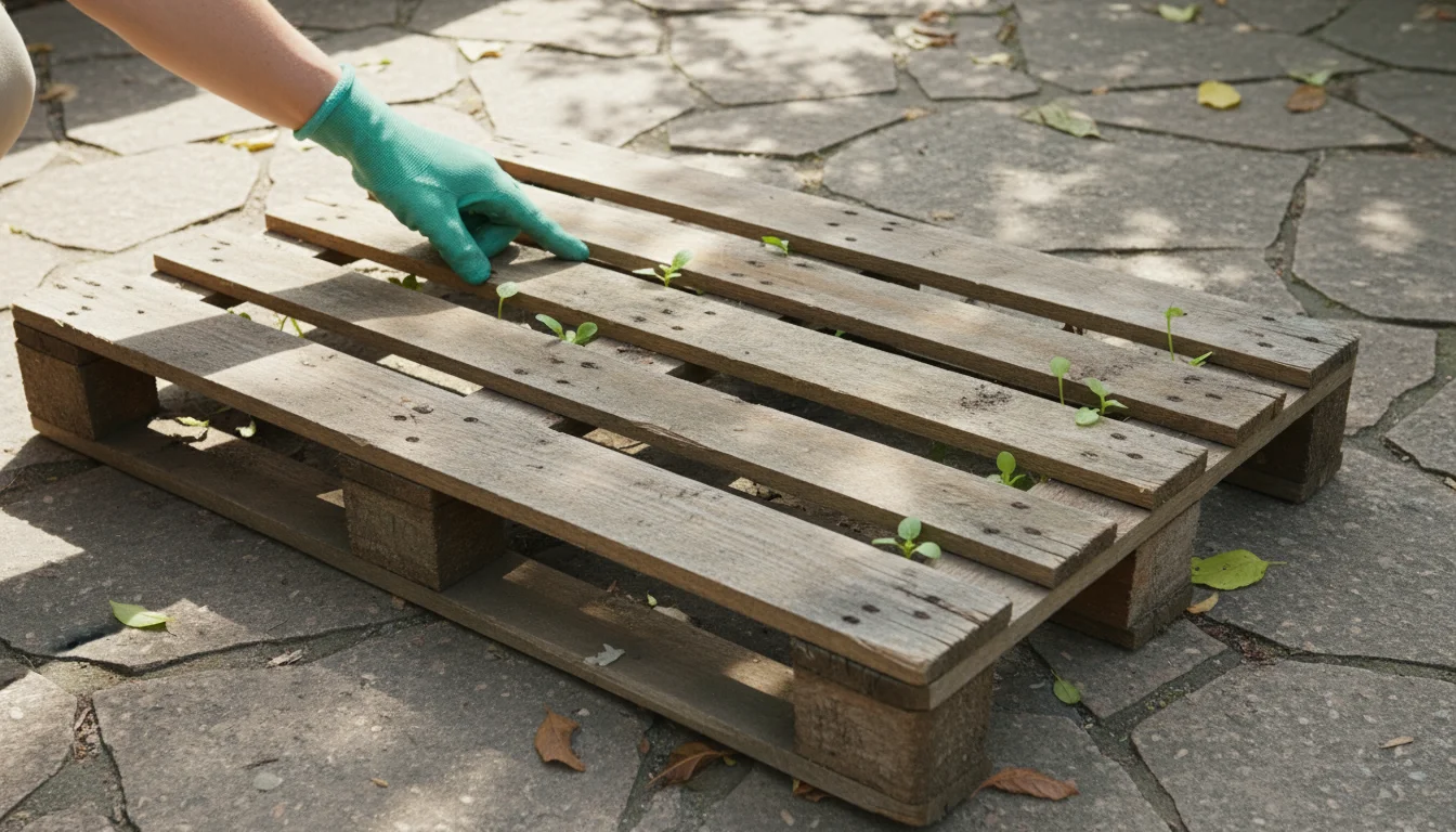 A weathered wooden pallet lies oriented on a patio. An adult hand in a glove points to the upward-facing wide openings and narrow planting gaps.