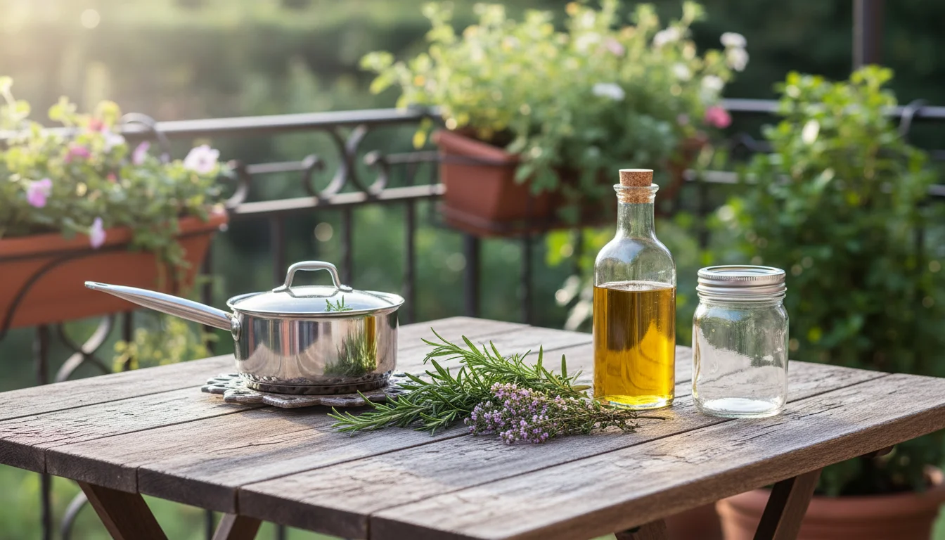 Slightly elevated view of a weathered wooden table with fresh rosemary, thyme, olive oil bottle, glass jar, and saucepan.