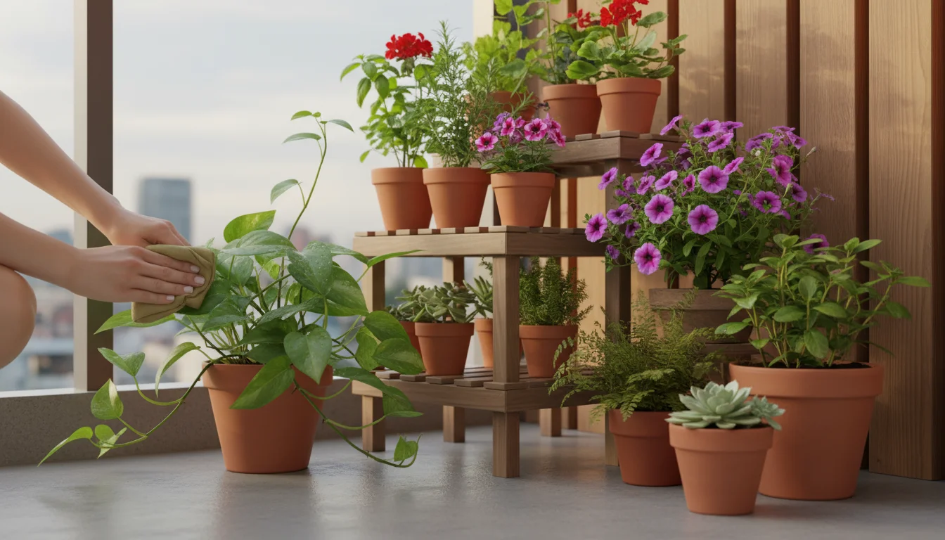 Well-maintained urban balcony with potted plants, tiered stand, and hands cleaning a Pothos leaf in morning light.