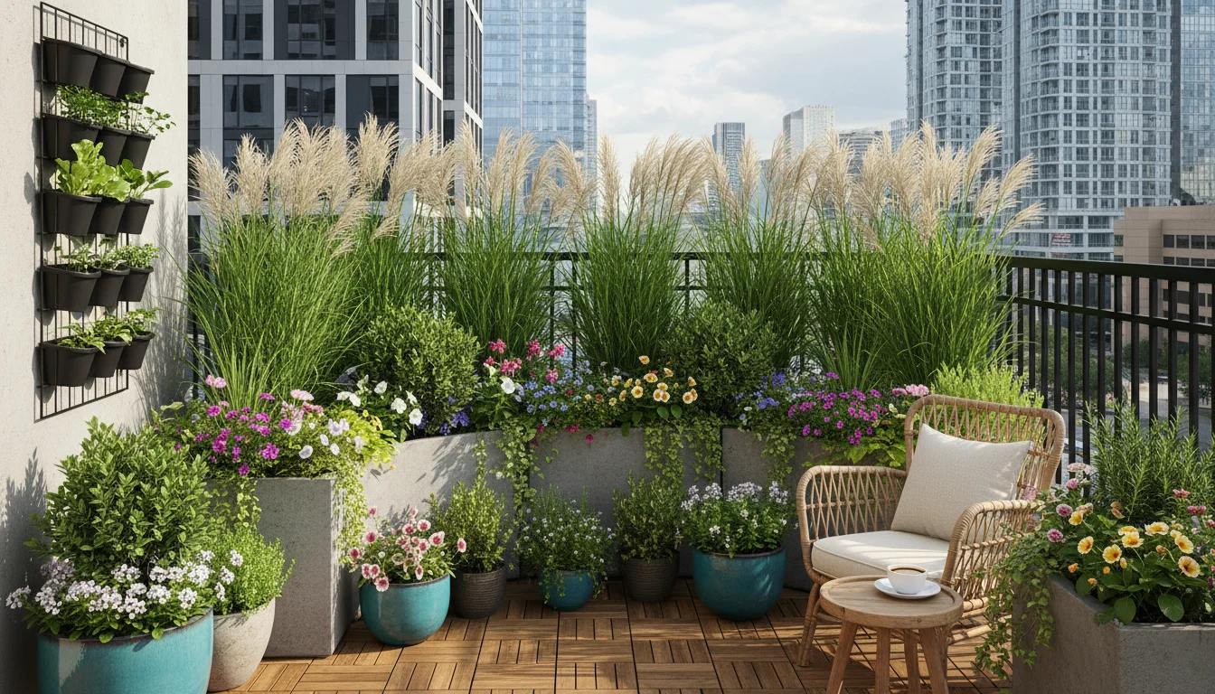 Well-organized urban balcony garden: sturdy plants in large pots shield delicate smaller plants and herbs in various containers from wind.