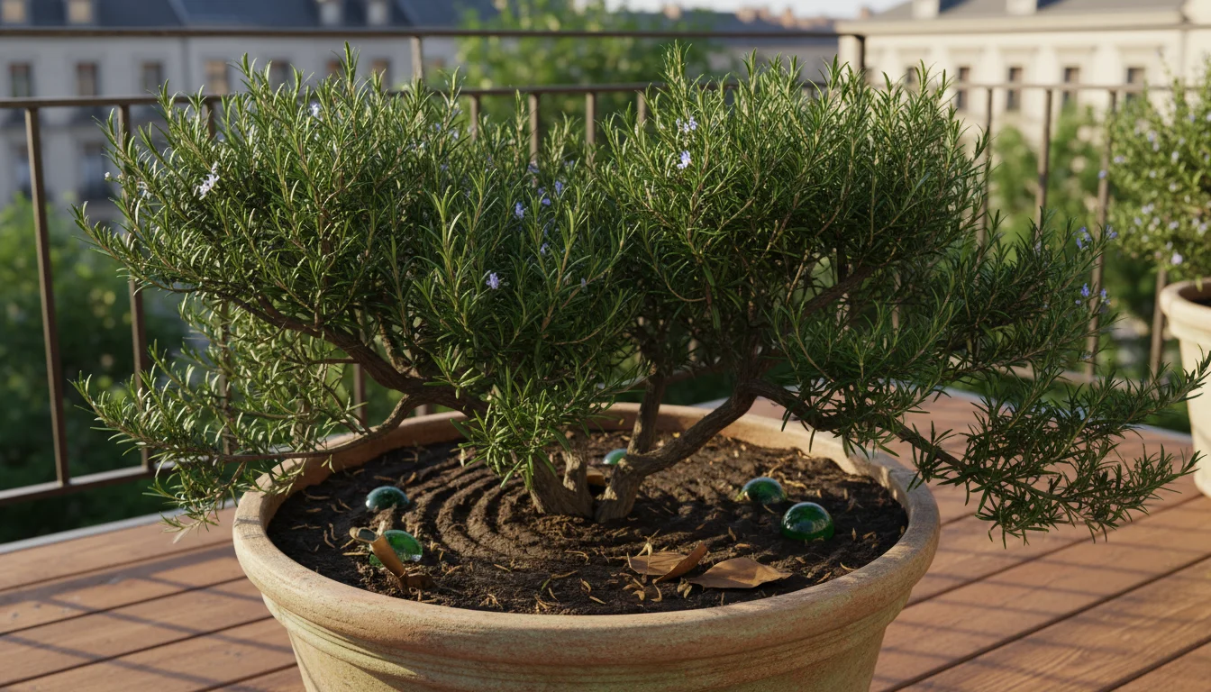 Well-pruned rosemary bush in a terracotta pot on a sunny balcony, its open canopy and moist soil indicating efficient water use.