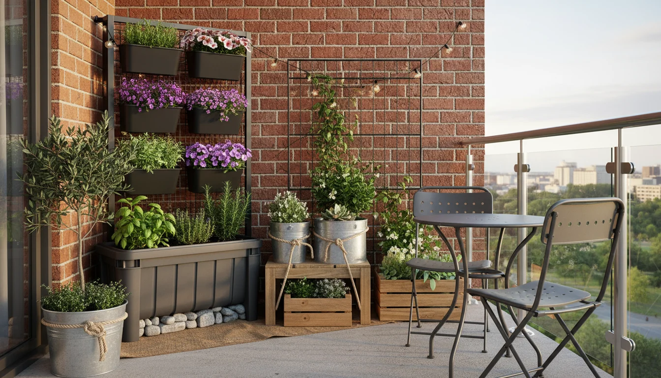 A well-secured urban balcony garden featuring a self-watering planter box, a bolted vertical wall planter, and a weighted pot with subtle ties.