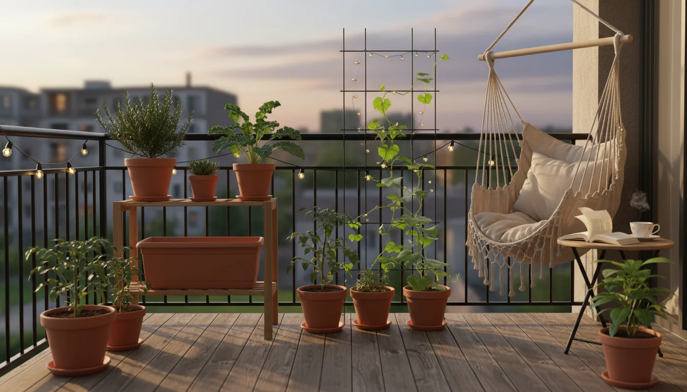 A well-spaced balcony garden featuring potted plants on shelves and a trellis with a vining plant, bathed in soft evening light.