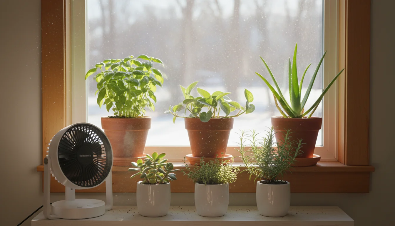 Well-spaced container plants on a shelf with a small oscillating fan gently circulating air, bathed in soft winter sunlight.