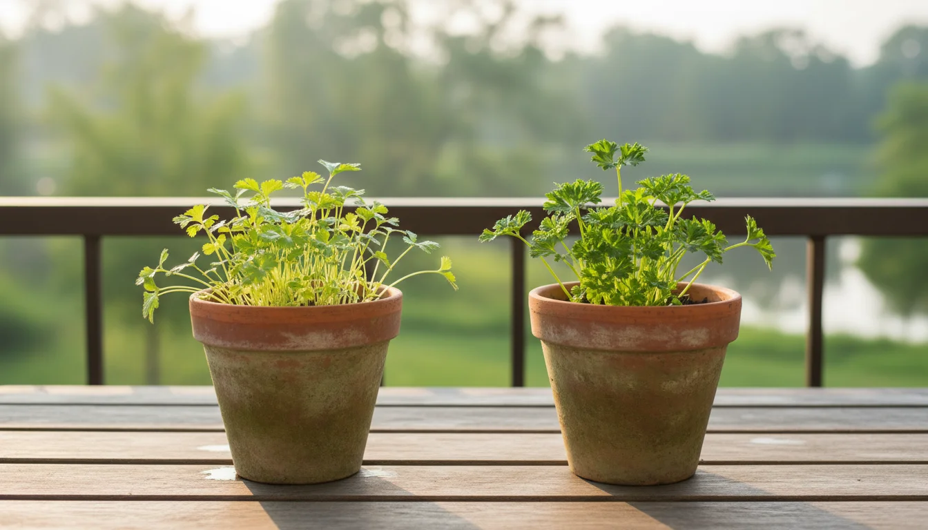 Eye-level shot of well-spaced young cilantro and parsley plants in terracotta pots on a weathered wooden balcony table, bathed in soft morning light.