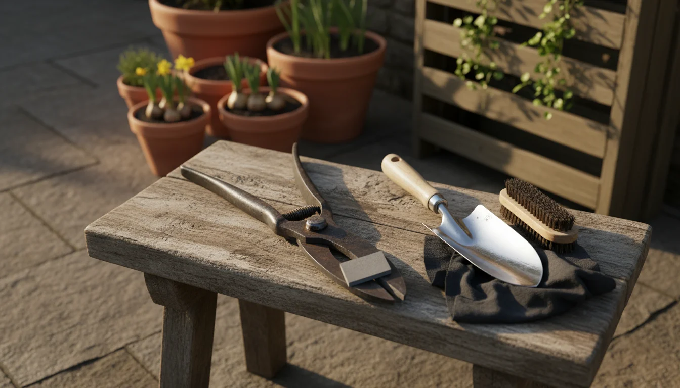 Well-used bypass loppers with a sharpening stone, a shiny trowel, wire brush, and oiled rag on a wooden stool on a patio. Potted plants blur in backgr