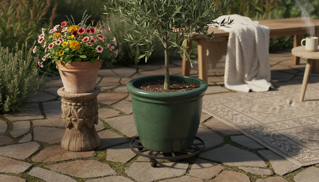 A wheeled plant caddy holds a large ceramic pot with an olive tree on a flagstone patio, next to a terracotta pot elevated by brick pot feet.