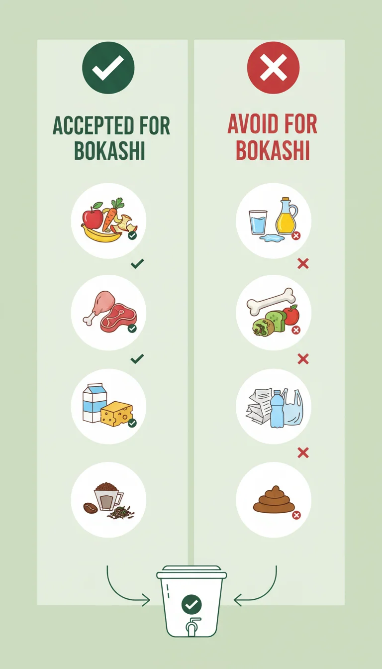 Infographic illustrating which food scraps are suitable for bokashi composting and which ones to avoid.
