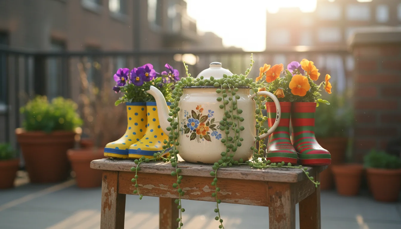 Whimsical focal point on a patio: a hand-painted teapot with succulents, flanked by colorful wellington boots with pansies, on a weathered wooden stoo